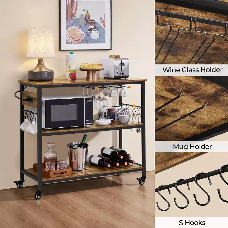 Îlot de Cuisine Roulant avec Station de Recharge – Marron Rustique / Bois Taupe
