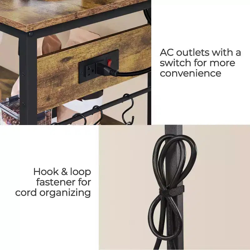 Îlot de Cuisine Roulant avec Station de Recharge – Marron Rustique / Bois Taupe