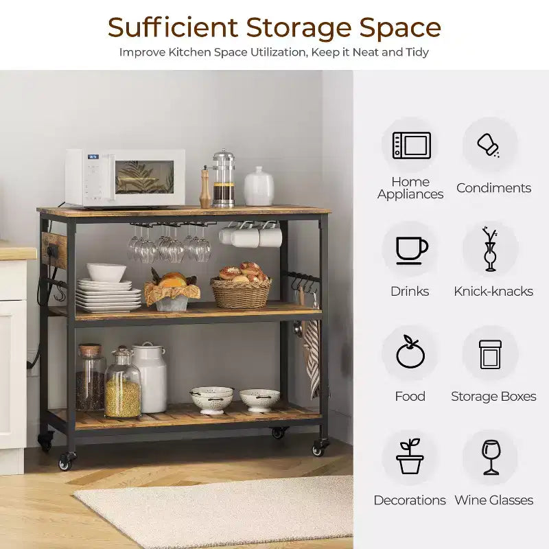 Îlot de Cuisine Roulant avec Station de Recharge – Marron Rustique / Bois Taupe