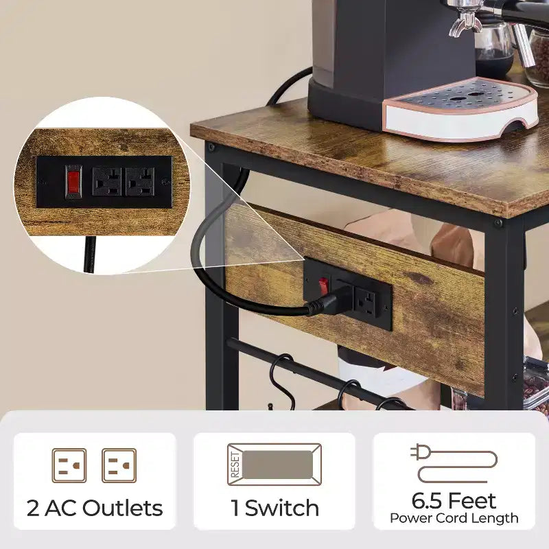 Îlot de Cuisine Roulant avec Station de Recharge – Marron Rustique / Bois Taupe