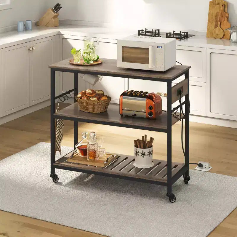 Îlot de Cuisine Roulant avec Station de Recharge – Marron Rustique / Bois Taupe