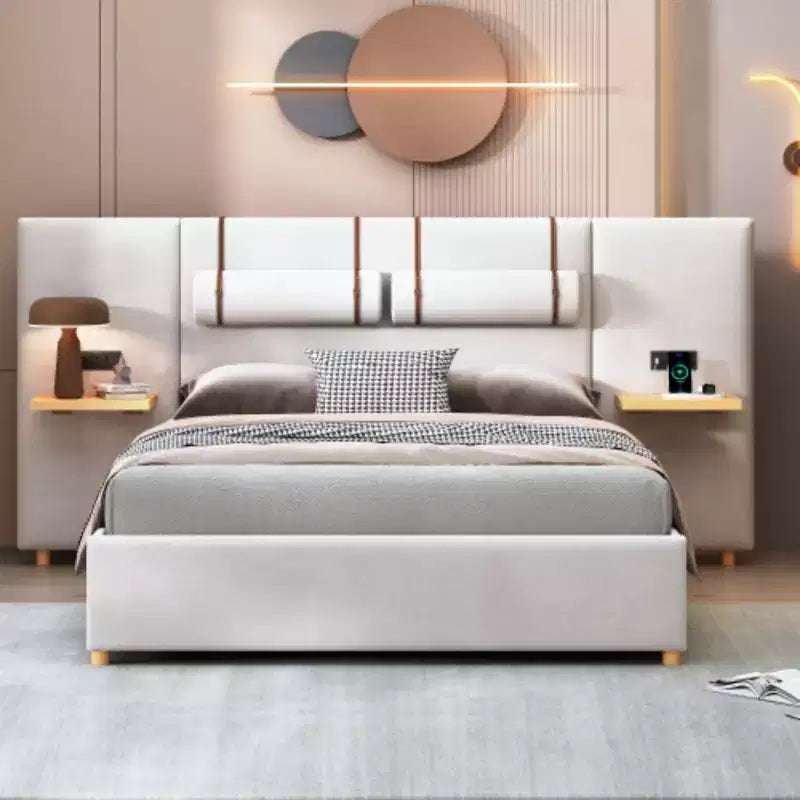 Lit plateforme capitonné en velours Queen Size avec chargement USB et étagères de rangement – Beige / Gris