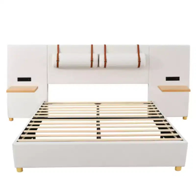 Lit plateforme capitonné en velours Queen Size avec chargement USB et étagères de rangement – Beige / Gris