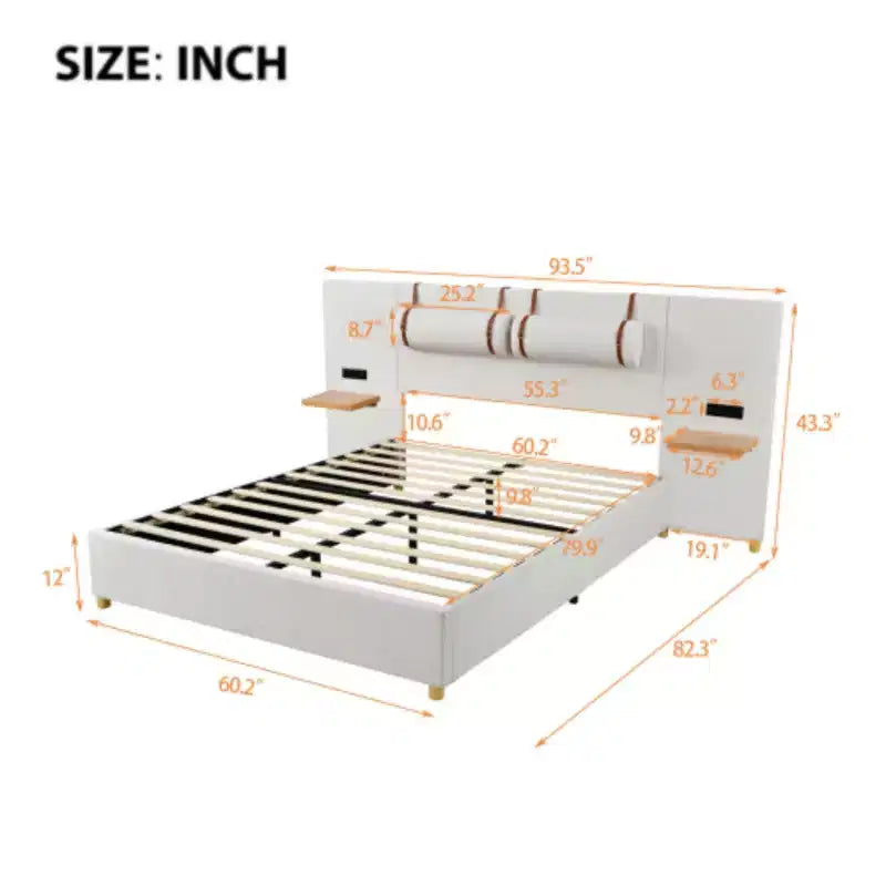 Lit plateforme capitonné en velours Queen Size avec chargement USB et étagères de rangement – Beige / Gris