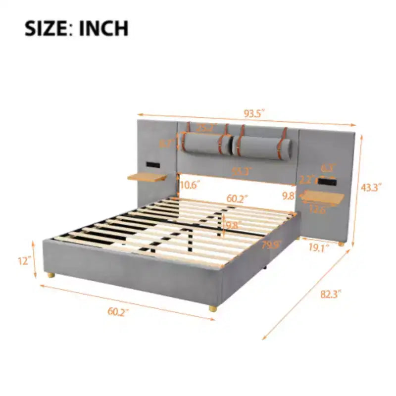 Lit plateforme capitonné en velours Queen Size avec chargement USB et étagères de rangement – Beige / Gris