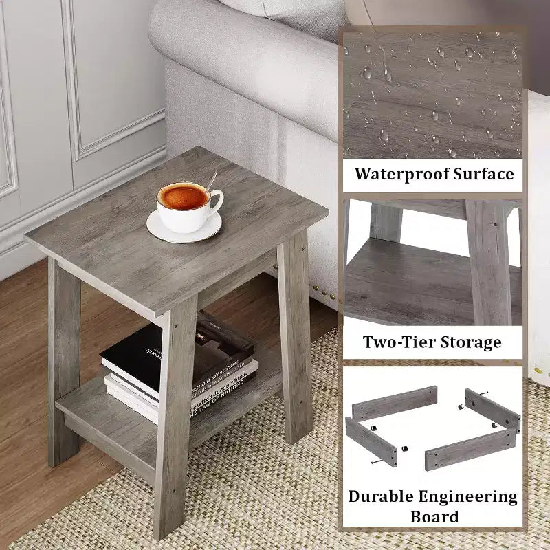 Table d'appoint de ferme Table d'appoint rustique à 2 niveaux avec étagère de rangement, table de chevet étroite, table d'appoint minimaliste pour salon et chambre
