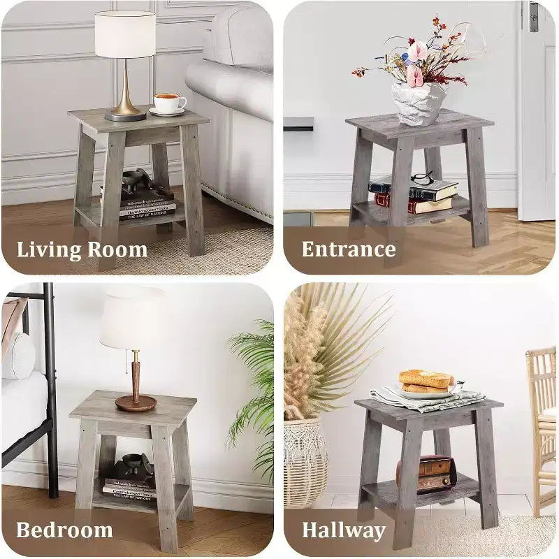Table d'appoint de ferme Table d'appoint rustique à 2 niveaux avec étagère de rangement, table de chevet étroite, table d'appoint minimaliste pour salon et chambre