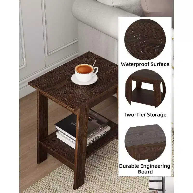 Table d'appoint de ferme Table d'appoint rustique à 2 niveaux avec étagère de rangement, table de chevet étroite, table d'appoint minimaliste pour salon et chambre