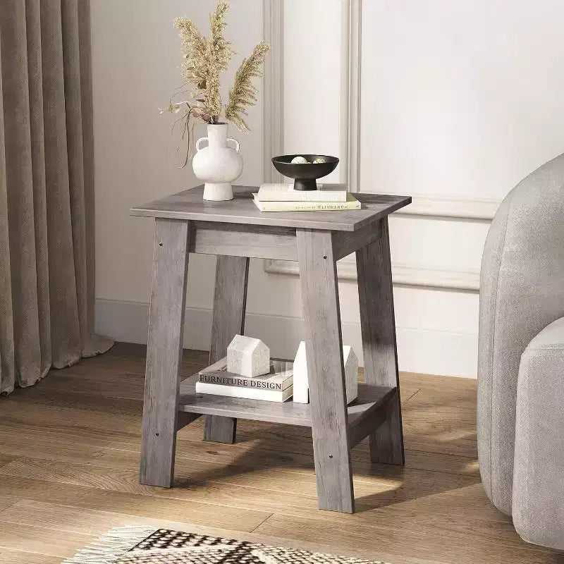Table d'appoint de ferme Table d'appoint rustique à 2 niveaux avec étagère de rangement, table de chevet étroite, table d'appoint minimaliste pour salon et chambre