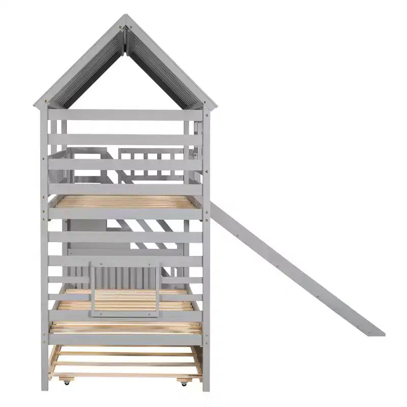 Lit superposé cabane jumeau sur jumeau avec lit gigogne et toboggan, escalier de rangement, toit et design de fenêtre