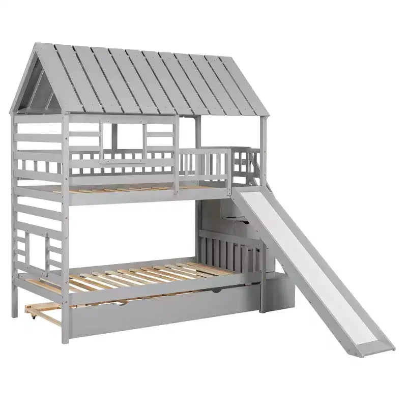 Lit superposé cabane jumeau sur jumeau avec lit gigogne et toboggan, escalier de rangement, toit et design de fenêtre