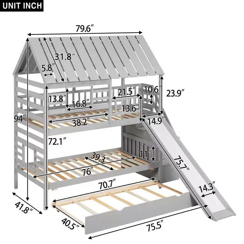 Lit superposé cabane jumeau sur jumeau avec lit gigogne et toboggan, escalier de rangement, toit et design de fenêtre