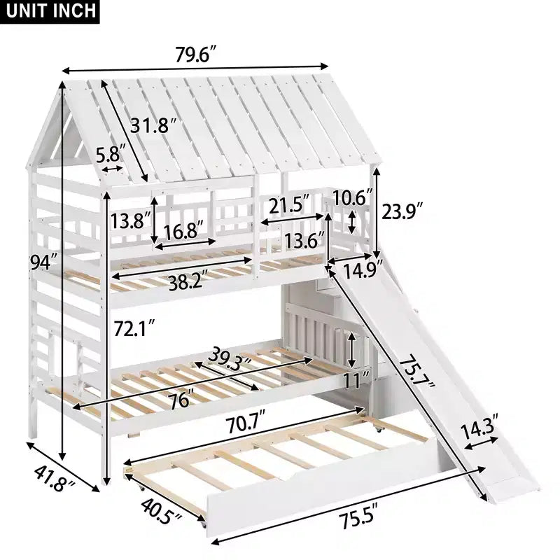 Lit superposé cabane jumeau sur jumeau avec lit gigogne et toboggan, escalier de rangement, toit et design de fenêtre