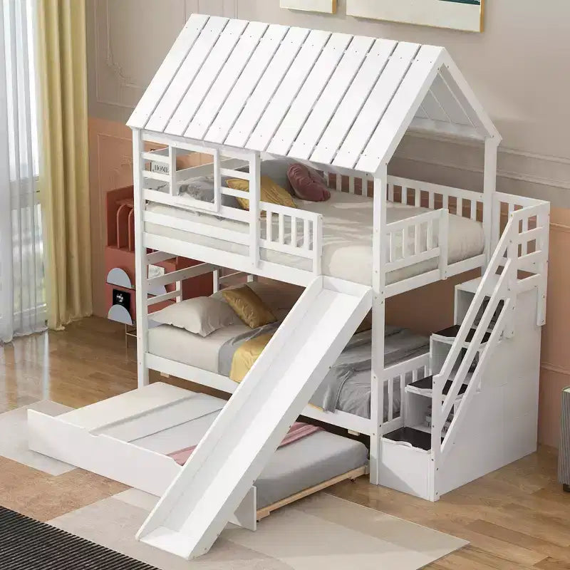 Lit superposé cabane jumeau sur jumeau avec lit gigogne et toboggan, escalier de rangement, toit et design de fenêtre
