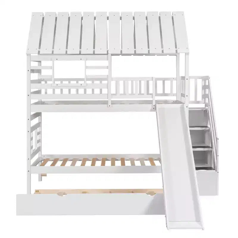 Lit superposé cabane jumeau sur jumeau avec lit gigogne et toboggan, escalier de rangement, toit et design de fenêtre