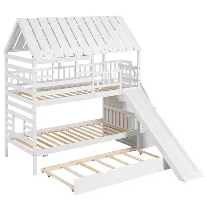 Lit superposé cabane jumeau sur jumeau avec lit gigogne et toboggan, escalier de rangement, toit et design de fenêtre