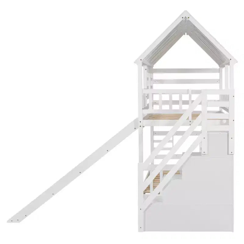 Lit superposé cabane jumeau sur jumeau avec lit gigogne et toboggan, escalier de rangement, toit et design de fenêtre