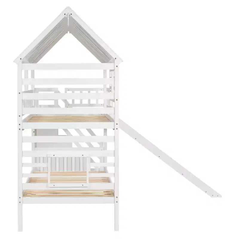 Lit superposé cabane jumeau sur jumeau avec lit gigogne et toboggan, escalier de rangement, toit et design de fenêtre