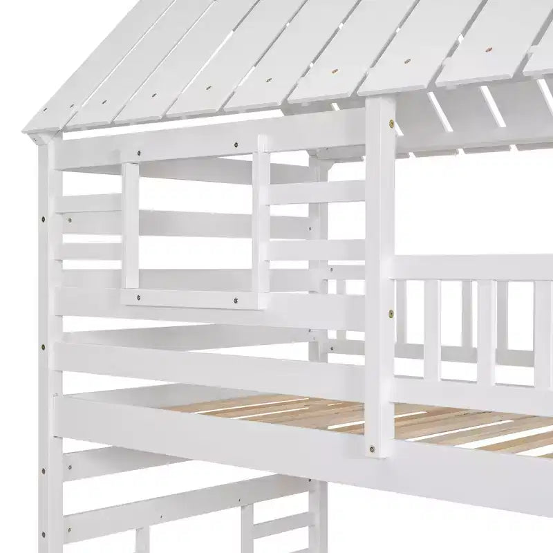 Lit superposé cabane jumeau sur jumeau avec lit gigogne et toboggan, escalier de rangement, toit et design de fenêtre