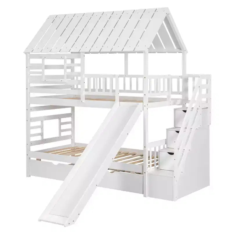Lit superposé cabane jumeau sur jumeau avec lit gigogne et toboggan, escalier de rangement, toit et design de fenêtre