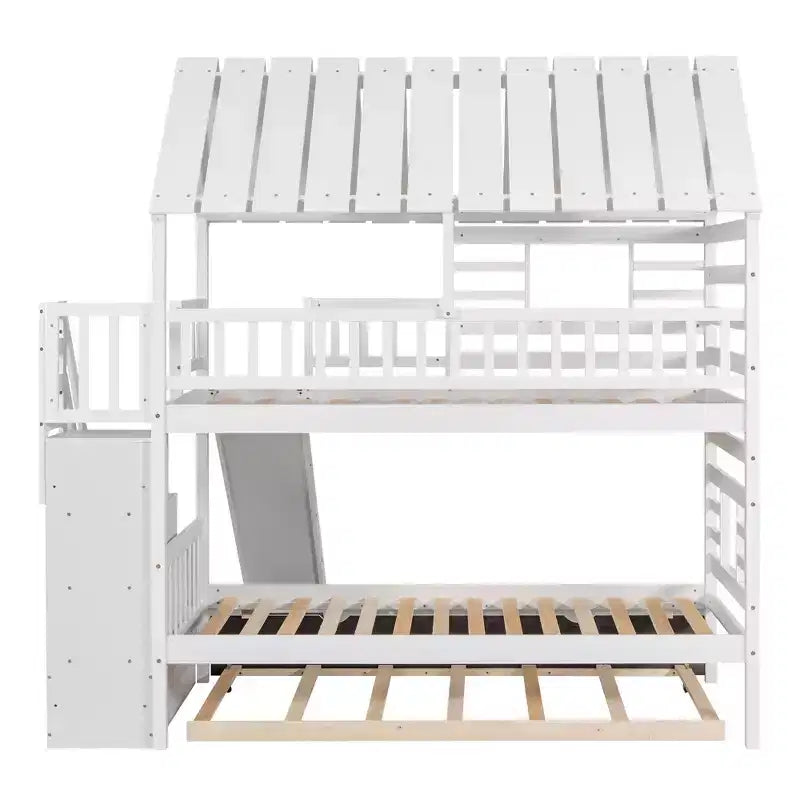 Lit superposé cabane jumeau sur jumeau avec lit gigogne et toboggan, escalier de rangement, toit et design de fenêtre