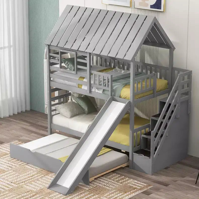 Lit superposé cabane jumeau sur jumeau avec lit gigogne et toboggan, escalier de rangement, toit et design de fenêtre