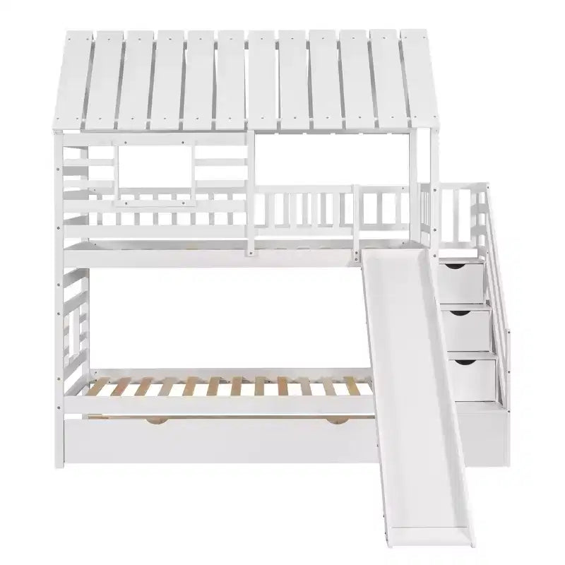 Lit superposé cabane jumeau sur jumeau avec lit gigogne et toboggan, escalier de rangement, toit et design de fenêtre
