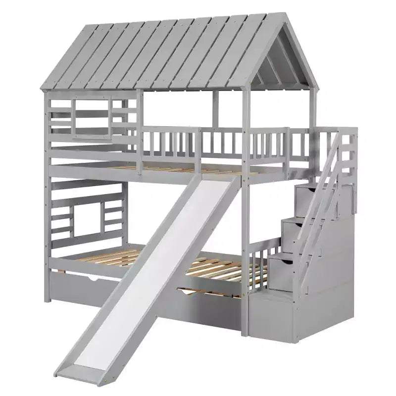 Lit superposé cabane jumeau sur jumeau avec lit gigogne et toboggan, escalier de rangement, toit et design de fenêtre