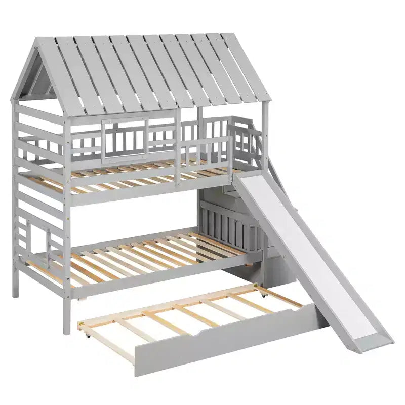 Lit superposé cabane jumeau sur jumeau avec lit gigogne et toboggan, escalier de rangement, toit et design de fenêtre