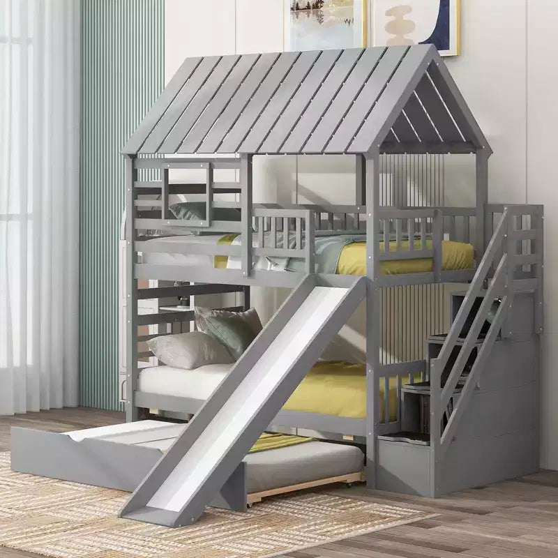 Whisen Twin over Twin House Bunk Bed with Trundle and Slide, Storage Staircase, Roof and Window Design