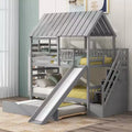 Whisen Twin over Twin House Bunk Bed with Trundle and Slide, Storage Staircase, Roof and Window Design