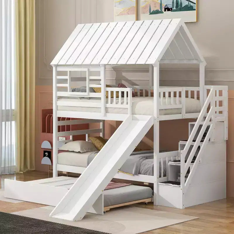 Lit superposé cabane jumeau sur jumeau avec lit gigogne et toboggan, escalier de rangement, toit et design de fenêtre