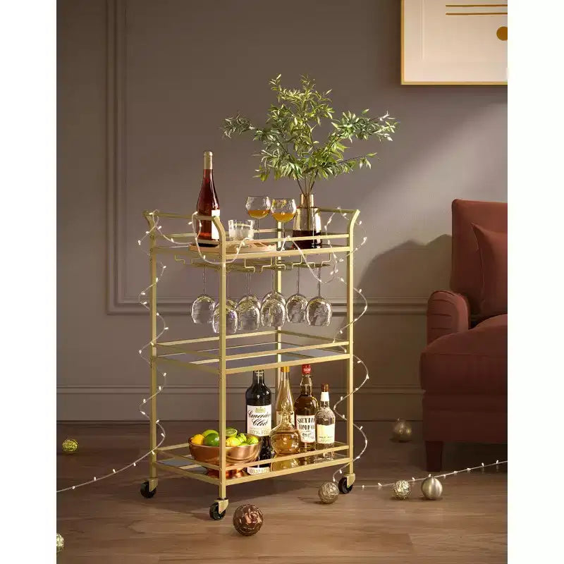 Chariot de bar, Desserte de bar à domicile, Petit chariot de bar avec étagère à 3 niveaux, Range-bouteilles, Porte-verres, Chariot de bar, 38 x 60 x 92 cm