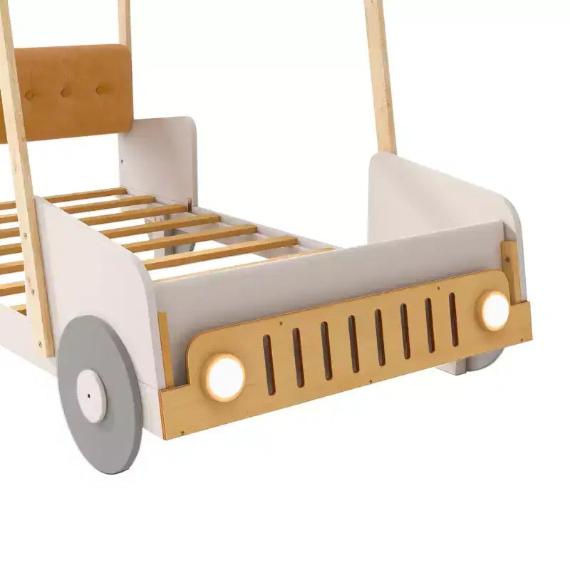 Lit de voiture en bois avec oreiller, ciel de lit en tissu et LED Naturel
