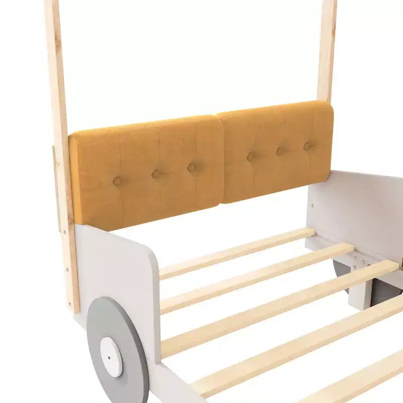 Lit de voiture en bois avec oreiller, ciel de lit en tissu et LED Naturel