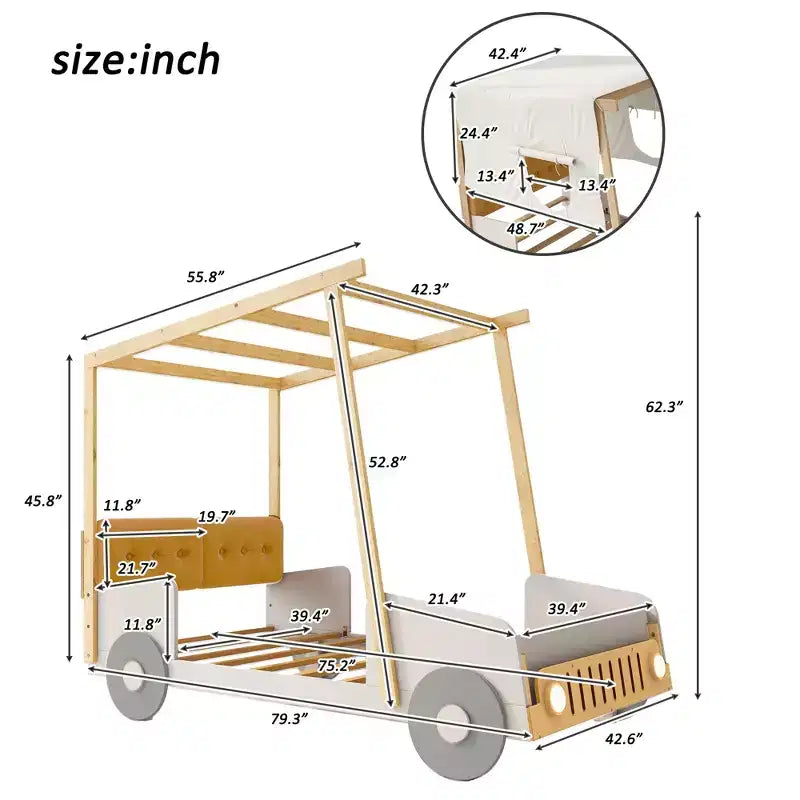 Lit de voiture en bois avec oreiller, ciel de lit en tissu et LED Naturel