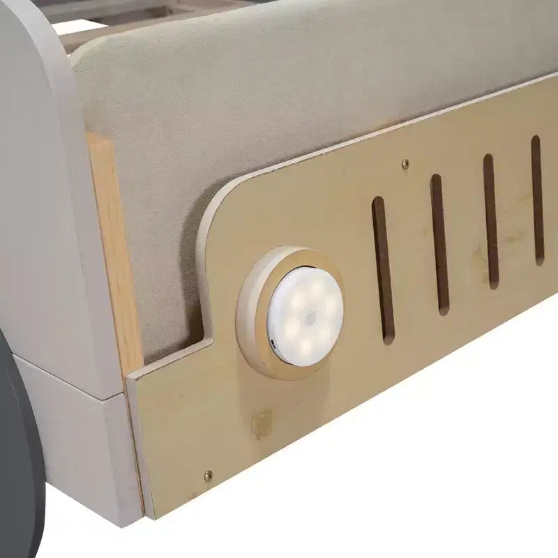 Lit de voiture en bois avec oreiller, ciel de lit en tissu et LED Naturel