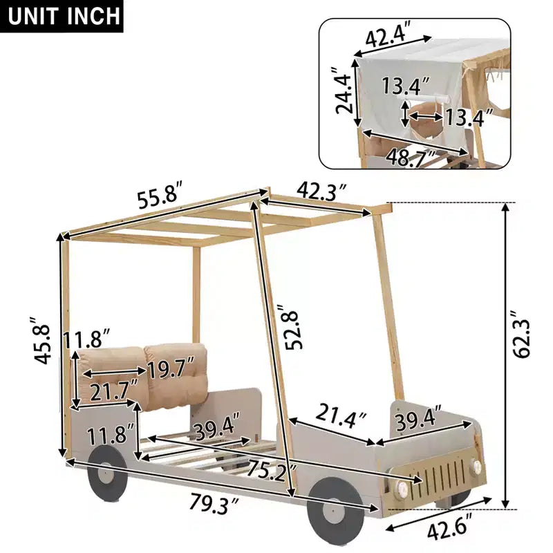 Lit de voiture en bois avec oreiller, ciel de lit en tissu et LED Naturel