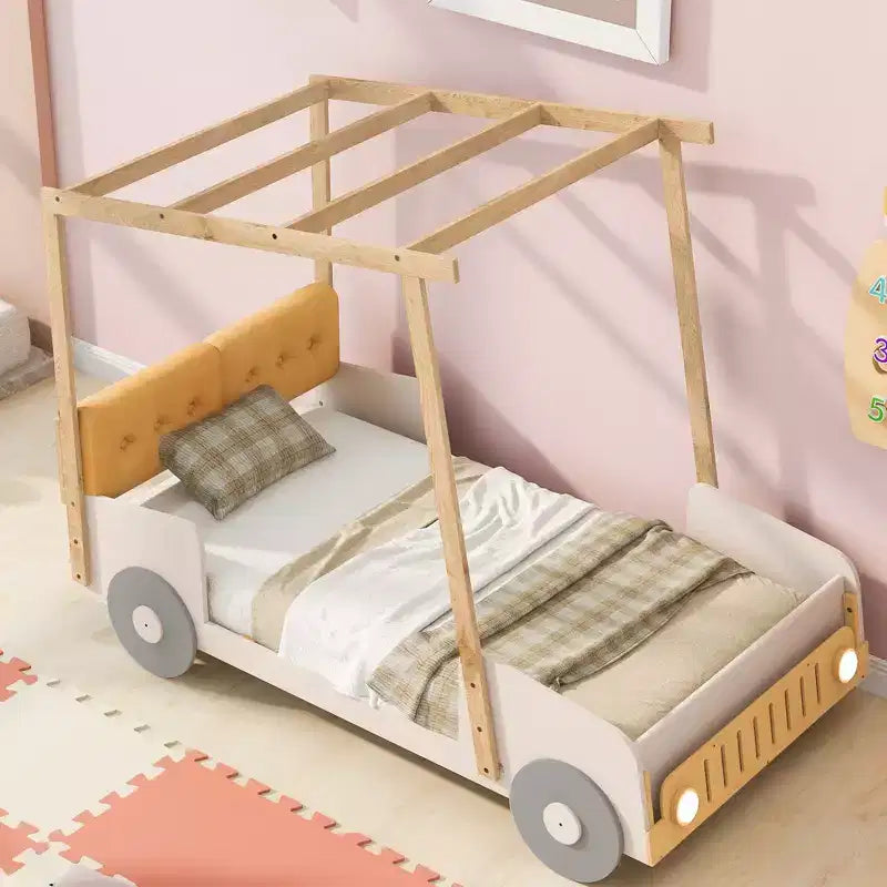 Lit de voiture en bois avec oreiller, ciel de lit en tissu et LED Naturel