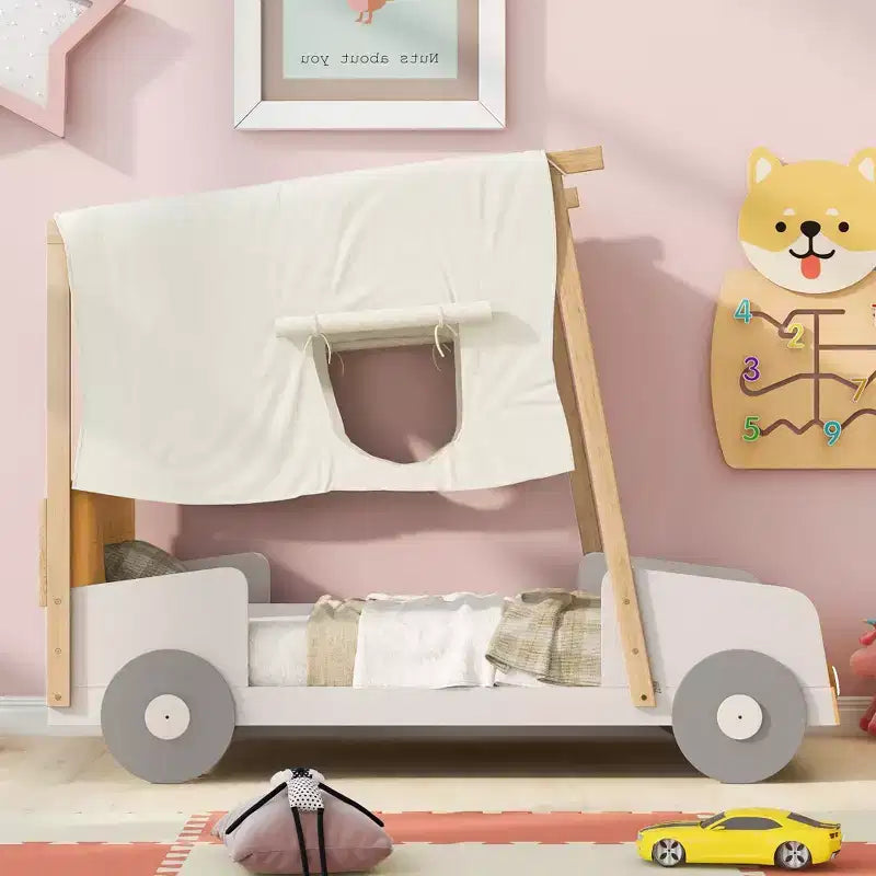 Lit de voiture en bois avec oreiller, ciel de lit en tissu et LED Naturel