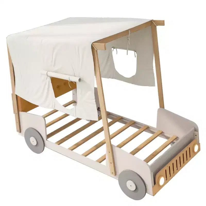 Lit de voiture en bois avec oreiller, ciel de lit en tissu et LED Naturel