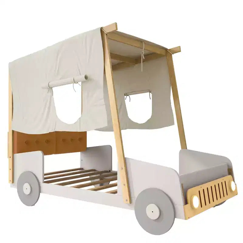 Lit de voiture en bois avec oreiller, ciel de lit en tissu et LED Naturel