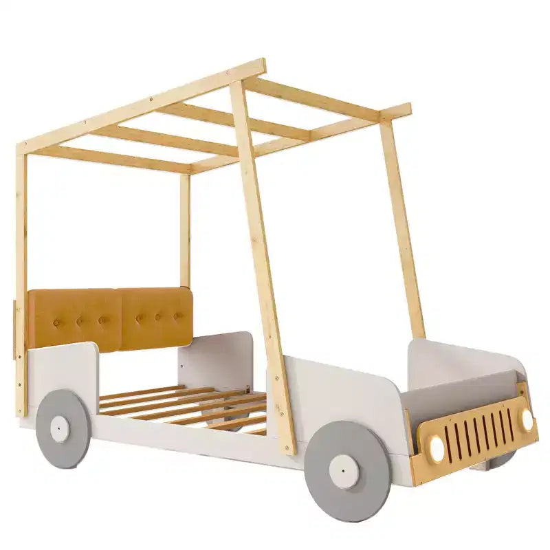 Lit de voiture en bois avec oreiller, ciel de lit en tissu et LED Naturel