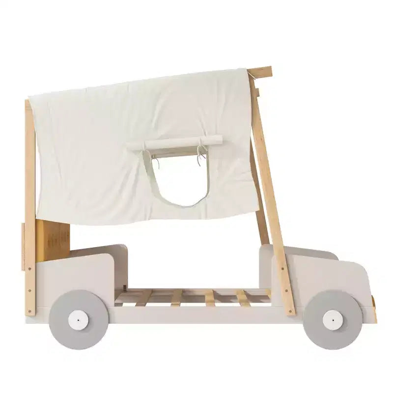 Lit de voiture en bois avec oreiller, ciel de lit en tissu et LED Naturel