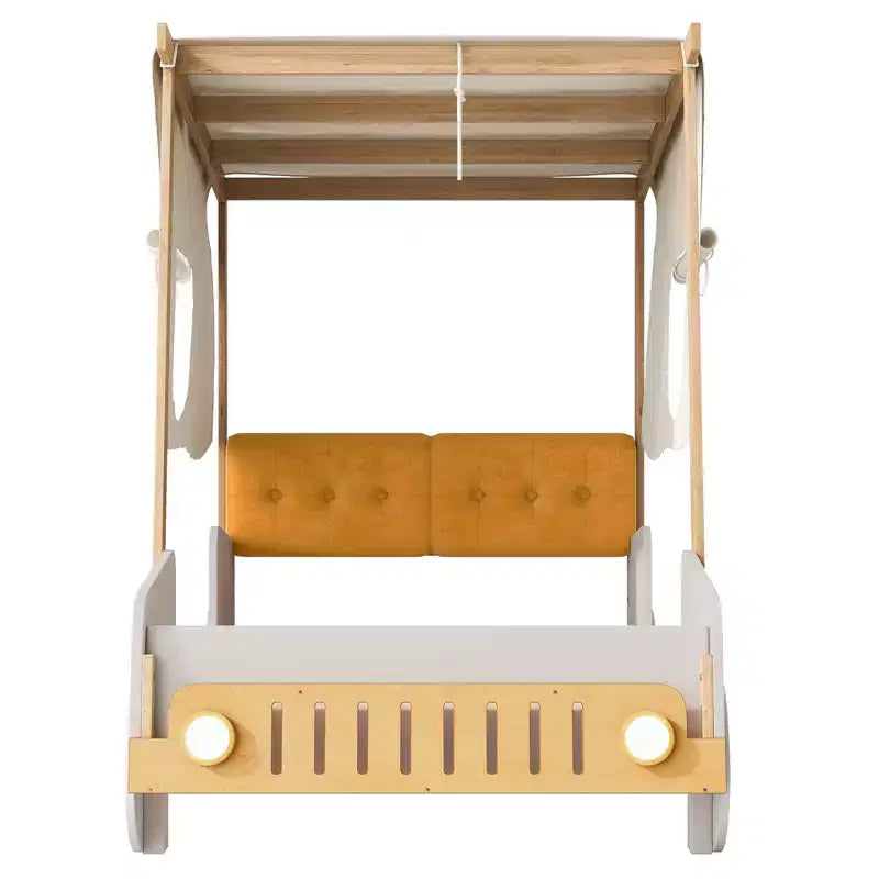 Lit de voiture en bois avec oreiller, ciel de lit en tissu et LED Naturel