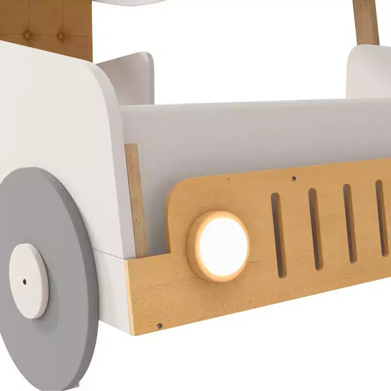 Lit de voiture en bois avec oreiller, ciel de lit en tissu et LED Naturel