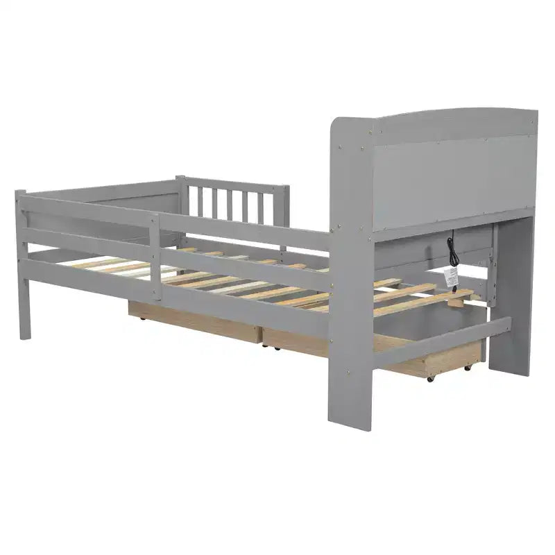 Lit de plateforme double en bois avec lumière LED intégrée, tête de lit multifonctionnelle, rail de protection et tiroirs