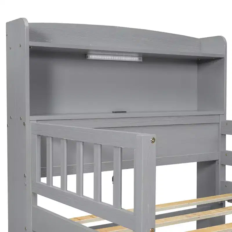 Lit de plateforme double en bois avec lumière LED intégrée, tête de lit multifonctionnelle, rail de protection et tiroirs