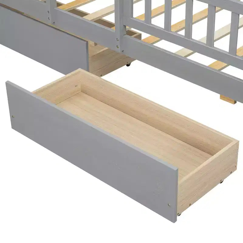 Lit de plateforme double en bois avec lumière LED intégrée, tête de lit multifonctionnelle, rail de protection et tiroirs