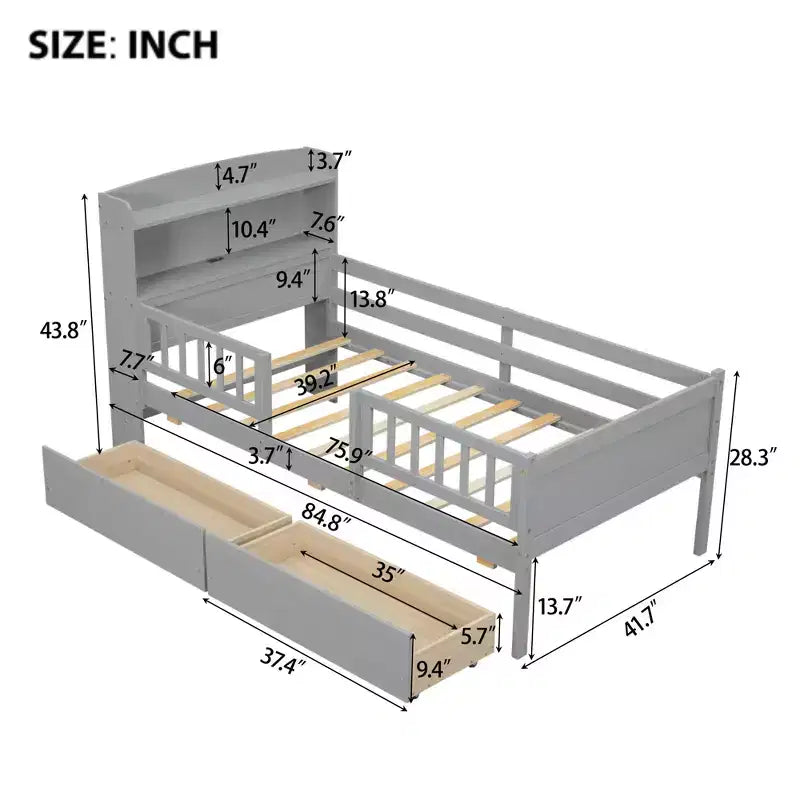 Lit de plateforme double en bois avec lumière LED intégrée, tête de lit multifonctionnelle, rail de protection et tiroirs